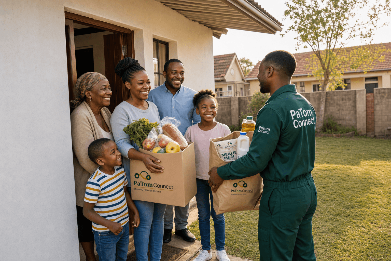 PaTom Connect delivery bringing groceries to a smiling Zimbabwean family